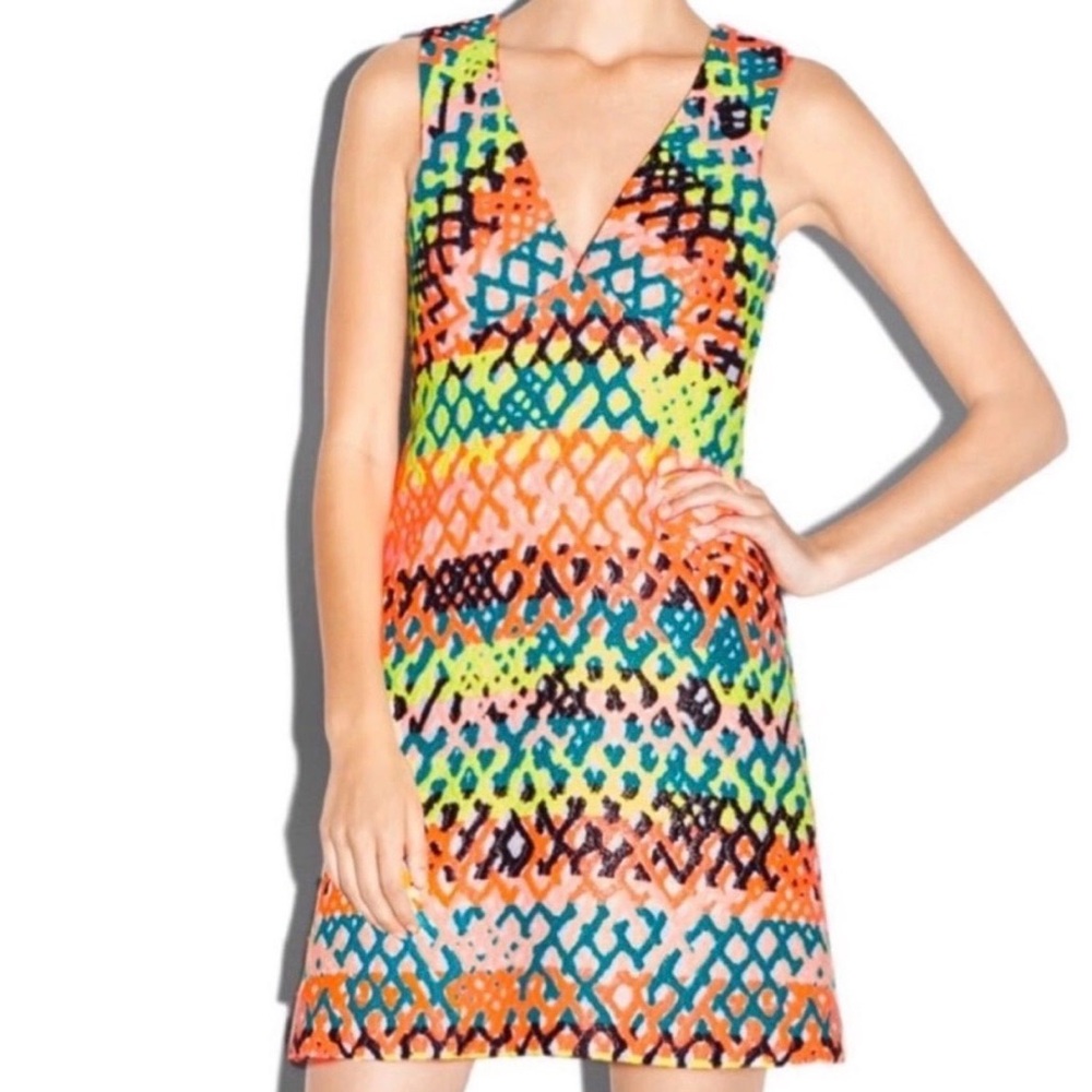 MILLY Multicolor Geometric Abstract Print V Neck Mini Sheath Dress Size 6